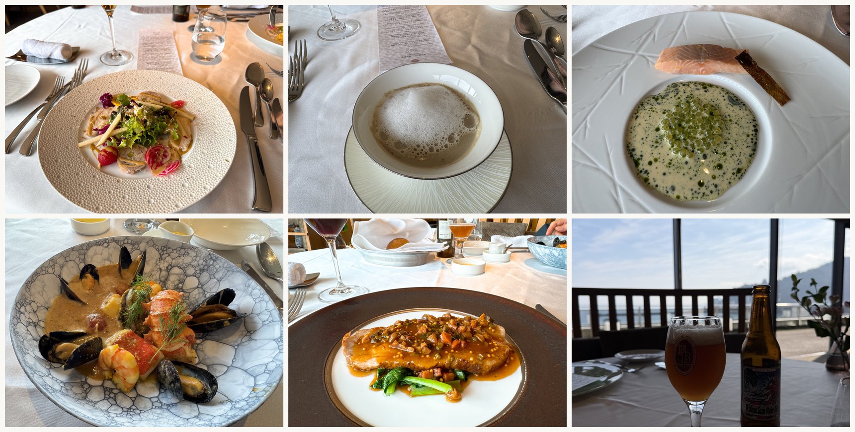 フランス料理のコース。前菜、泡のスープ、サーモン、オマール海老とムール貝、メインの一皿