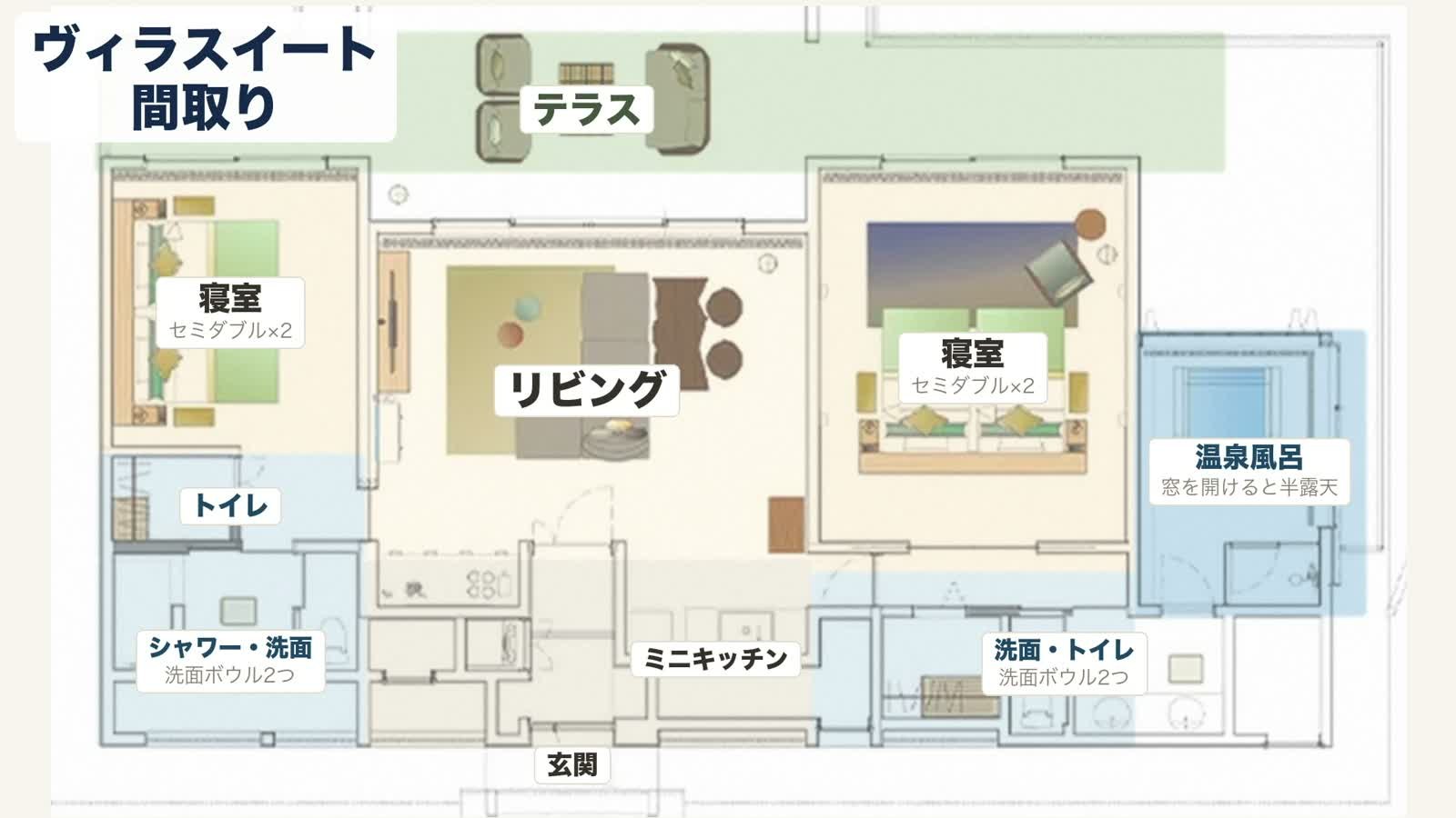 間取り図。リビングの左右に寝室が1つずつ