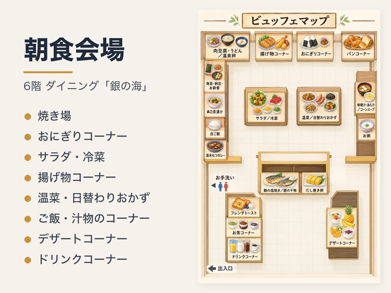 朝食会場「銀の海」のビュッフェマップ(イラスト)